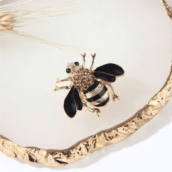Cottagecore Bee Brooch Gold and Black Tone, Sparkling Jewel accents - Picture 5 of 6